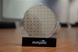 US power chip maker Wolfspeed's silicon carbide 200mm wafer on display at Wolfspeed's Mohawk Valley Fab in Marcy, New York.