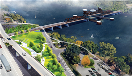 A digital rendering of how the Livingstone Avenue Bridge replacement will look, opened to allow river traffic to pass beneath it, looking north