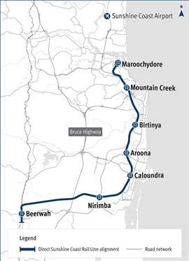 Direct Sunshine Coast Rail Line map (Map courtesy Queensland Department of Transport and Main Roads)