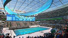 A 3D render of how the SoFi Stadium in Inglewood, California, could be adapted to host swimming events