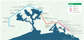 Map showing the six new stations and three miles of guideway between beginning just east of the existing Middle Street Transit Center Station and ending at the Civic Center Station in Honolulu