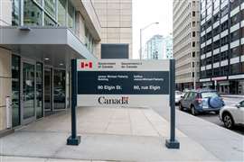 The Sign outside James Michael Flaherty Building is seen at 90 Elgin St. in Ottawa. It is a federal government Building that houses Finance Canada