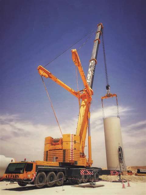 UAE-based Al Faris used its 500 tonne capacity Liebherr LTM 1500 all terrain to work on a wind farm project in Jordan. The crane was mobilised to Jordan from Al Faris’s Saudi Arabia operation and lifted loads from 64 tonnes to 90 tonnes