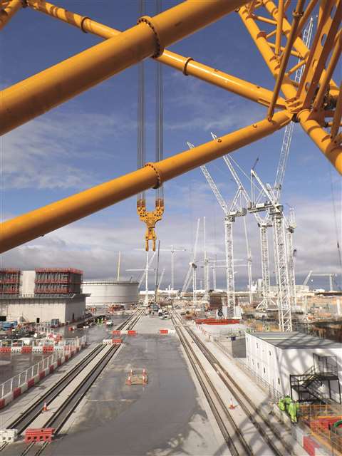 The crane will run on over six kilometres of ArcelorMittal steel rail. Three lift locations, comprising 48.5 metre turning circles, are linked by lengths of straight track